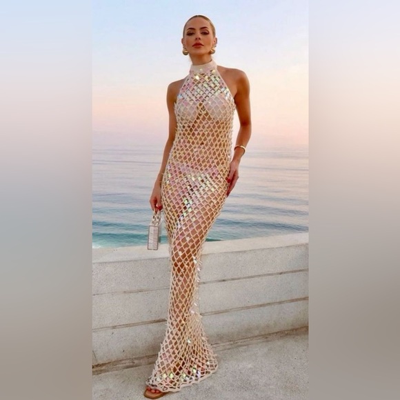 Crochet Sequin Maxi Halter Dress - Picture 1 of 8